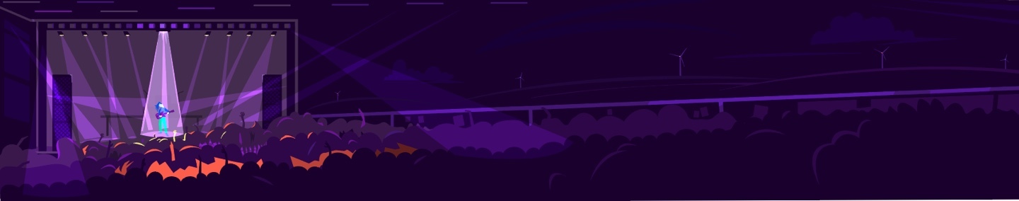 Cartoon image of a concert crowd taken from within the crowd looking towards the stage